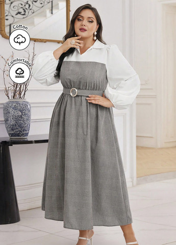 Светло-серое кэжуал, деловое, праздничный платье клеш, рубашка SHEIN в клетку