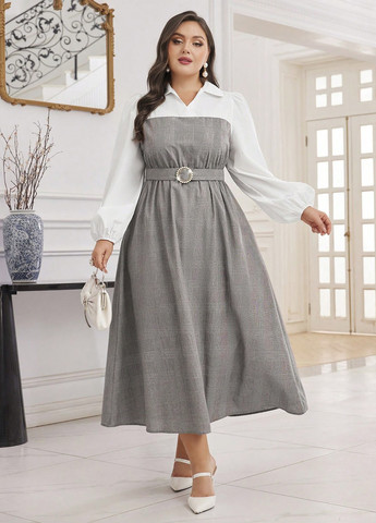 Светло-серое кэжуал, деловое, праздничный платье клеш, рубашка SHEIN в клетку