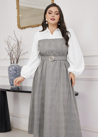 Светло-серое кэжуал, деловое, праздничный платье клеш, рубашка SHEIN в клетку