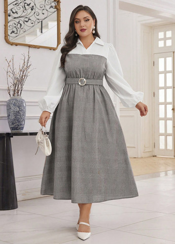 Светло-серое кэжуал, деловое, праздничный платье клеш, рубашка SHEIN в клетку