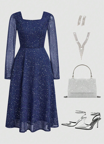 Синее вечернее платье клеш SHEIN однотонное