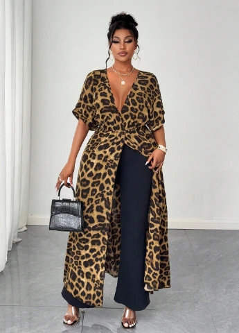 Коричневое кэжуал, пляжное платье а-силуэт SHEIN леопардовый
