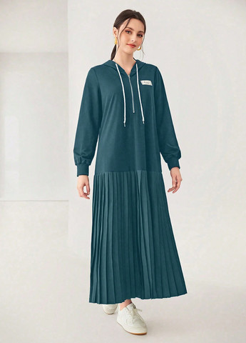 Морской волны кэжуал платье плиссированное, оверсайз, платье-худи SHEIN однотонное
