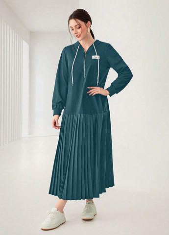 Морской волны кэжуал платье плиссированное, оверсайз, платье-худи SHEIN однотонное