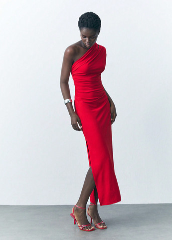 Красное праздничный, вечернее, кэжуал платье на одно плечо SHEIN однотонное