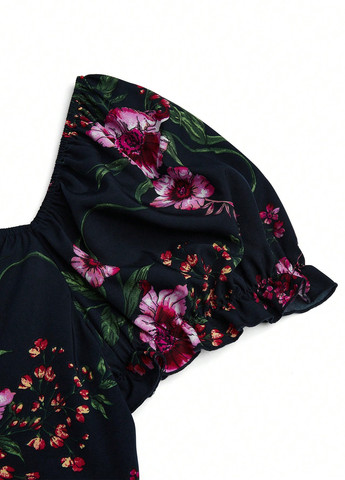 Чорна кежуал сукня з спідницею-сонце, в стилі армпір SHEIN з квітковим принтом