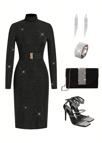 Черное вечернее платье платье-водолазка, силуэтная SHEIN меланжевое