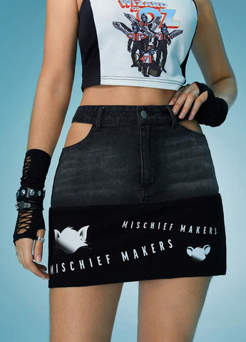 Черная джинсовая, кэжуал с надписью юбка SHEIN