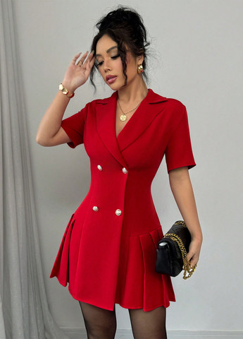 Красное кэжуал платье с юбкой-солнце, платье-жакет SHEIN однотонное