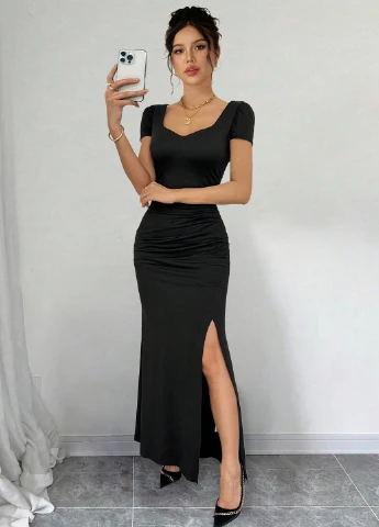 Черное вечернее платье годе SHEIN однотонное