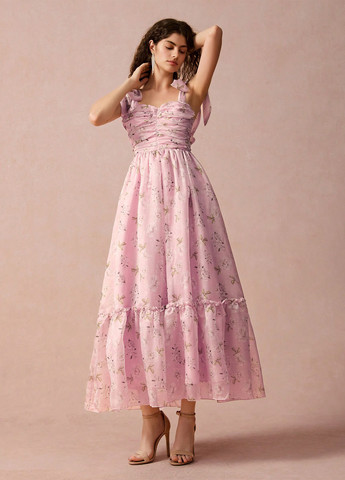 Світло-рожева вечірня сукня кльош, в стилі армпір SHEIN з квітковим принтом