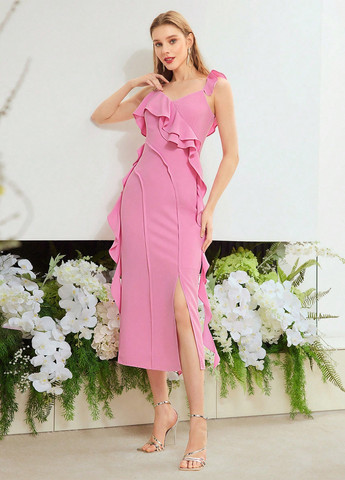 Светло-розовое вечернее, коктейльное платье футляр SHEIN однотонное