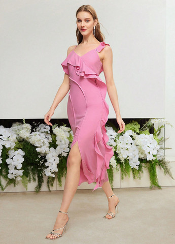Светло-розовое вечернее, коктейльное платье футляр SHEIN однотонное