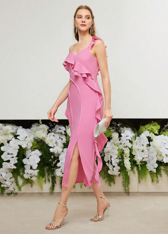 Светло-розовое вечернее, коктейльное платье футляр SHEIN однотонное