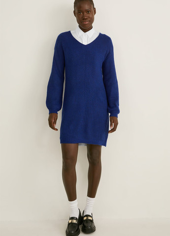 Синее кэжуал платье платье-свитер Cortefiel однотонное