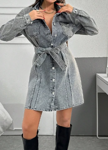 Серое джинсовое платье SHEIN однотонное