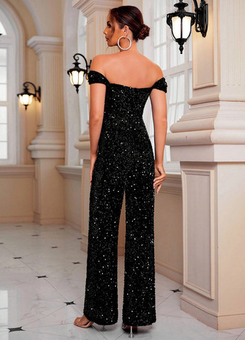 Комбинезон SHEIN комбинезон-брюки однотонный чёрный вечерний полиэстер