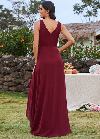 Бордовое коктейльное платье на запах SHEIN однотонное