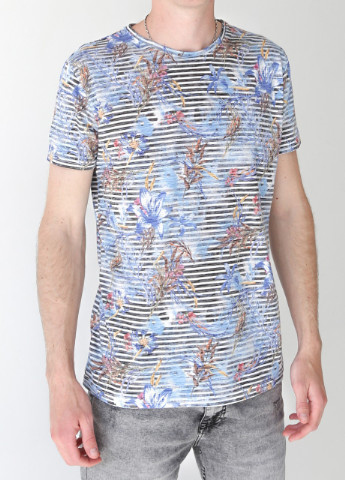 Синяя футболка мужская синяя тонкая в полоску и цветами Jean Piere Прямая