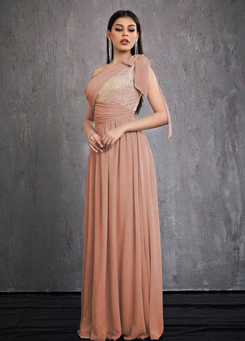 Пудровое праздничный, вечернее платье с открытыми плечами SHEIN однотонное