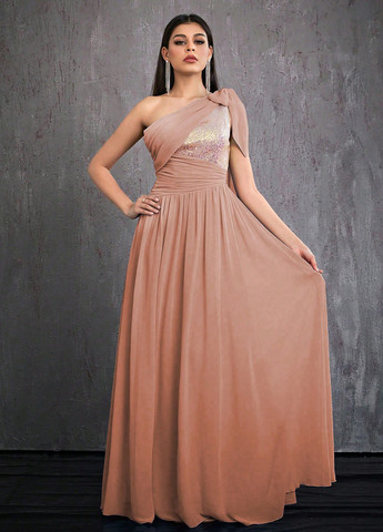 Пудровое праздничный, вечернее платье с открытыми плечами SHEIN однотонное