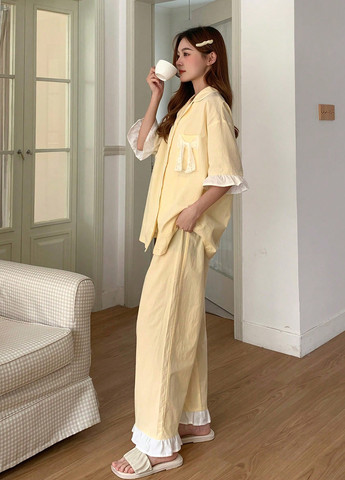 Світло-жовта всесезон піжама (сорочка, штани) сорочка + брюки SHEIN