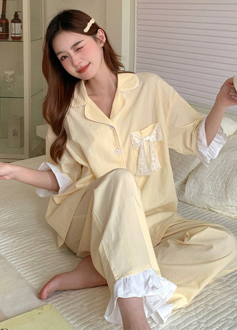 Світло-жовта всесезон піжама (сорочка, штани) сорочка + брюки SHEIN