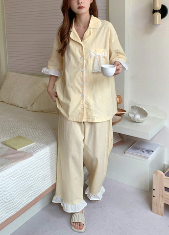 Світло-жовта всесезон піжама (сорочка, штани) сорочка + брюки SHEIN