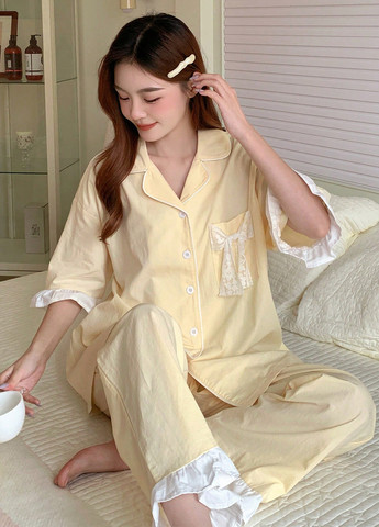 Світло-жовта всесезон піжама (сорочка, штани) сорочка + брюки SHEIN