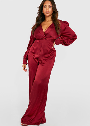 Комбинезон Boohoo комбинезон-брюки однотонный темно-вишневый кэжуал, коктейльный полиэстер