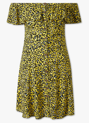 Желтое кэжуал платье клеш, с открытыми плечами C&A леопардовый