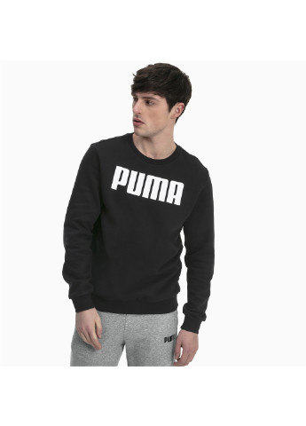 Свитер Essentials Fleece Crew Neck Men's Sweater Puma однотонная чёрная спортивная хлопок, полиэстер, эластан