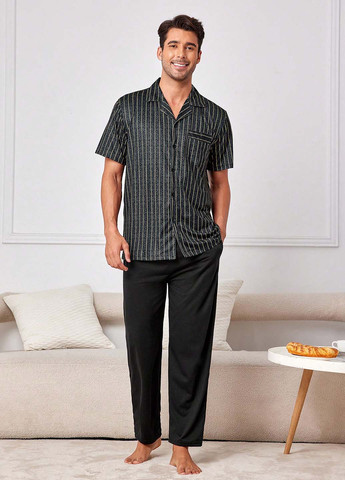 Черная домашний рубашка в полоску SHEIN