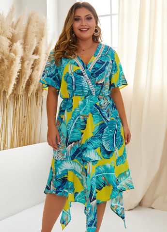 Голубое кэжуал платье женское с ассиметричной юбкой hawaii Berni Fashion PLUS с цветочным принтом