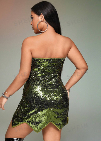 Зеленое коктейльное платье бандо SHEIN однотонное