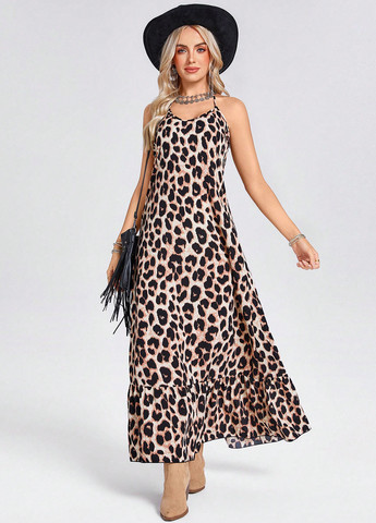 Комбінована кежуал сукня а-силует, з відкритими плечима, з відкритою спиною SHEIN леопардовий