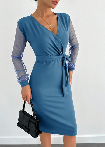 Голубое праздничный, деловое, кэжуал платье на запах, футляр SHEIN в горошек