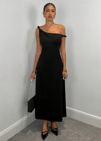 Чорна вечірня, кежуал сукня з спідницею-сонце, на одне плече SHEIN однотонна