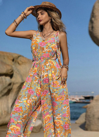 Комбінезон SHEIN комбінезон-брюки квітковий комбінований пляжний, кежуал віскоза