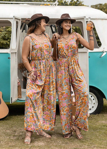 Комбінезон SHEIN комбінезон-брюки квітковий комбінований пляжний, кежуал віскоза