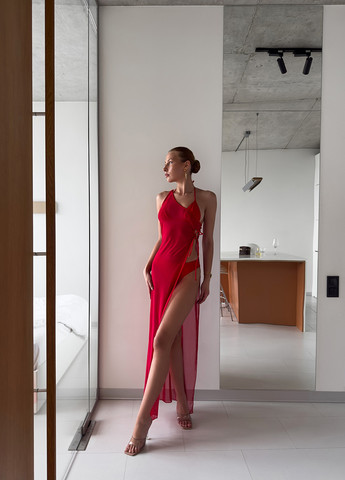 Красный летний пляжный комплект женский (купальник, накидка) бикини, раздельный NOVA VEGA