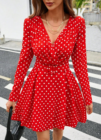 Червона кежуал сукня кльош, на запах SHEIN в горошок