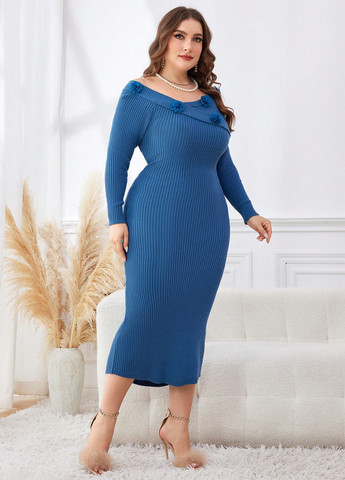 Синее кэжуал платье с открытыми плечами SHEIN однотонное