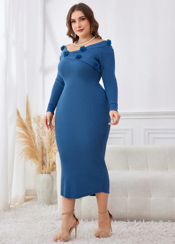 Синее кэжуал платье с открытыми плечами SHEIN однотонное