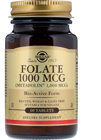Фолієва кислота (В9), Метафолін,, Folate as Metafolin, 1,000 мкг, 60 таблеток Solgar