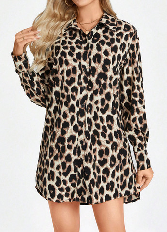 Бежева кежуал сукня сукня-сорочка SHEIN леопардовий