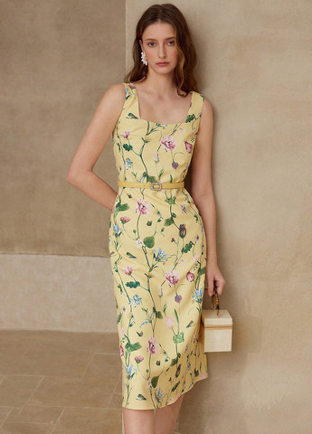 Жовтий святковий, кежуал сукня з відкритими плечима, футляр SHEIN з квітковим принтом