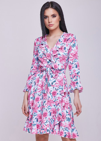Комбинированное кэжуал платье клеш, на запах ST-Seventeen с цветочным принтом