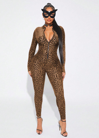 Комбінезон SHEIN комбінезон-брюки леопардовий коричневий кежуал поліестер