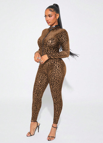Комбінезон SHEIN комбінезон-брюки леопардовий коричневий кежуал поліестер